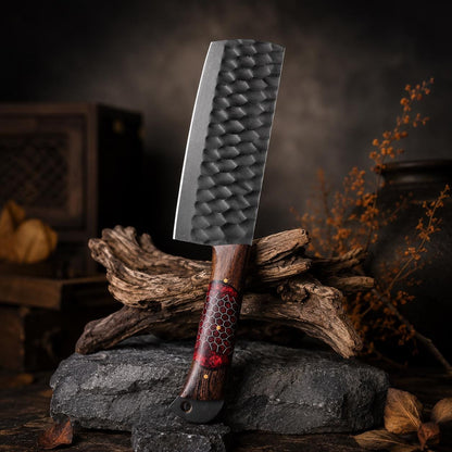 Crimson Honeycomb Resin Kitchen Knife Set with Black Textured Blades & Leather Case