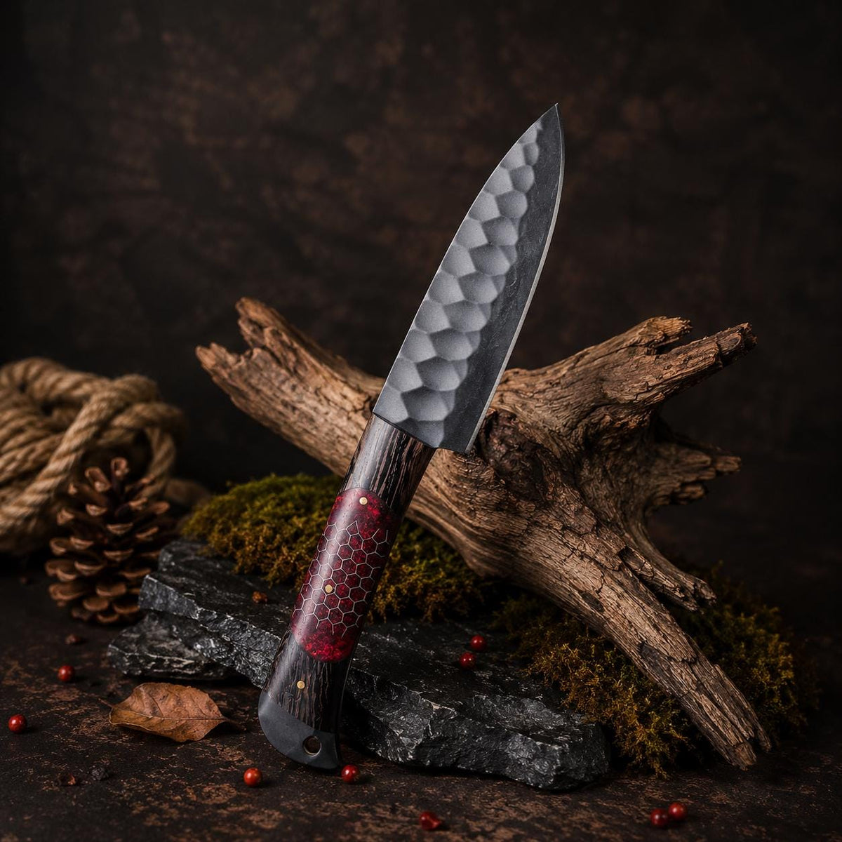 Crimson Honeycomb Resin Kitchen Knife Set with Black Textured Blades & Leather Case
