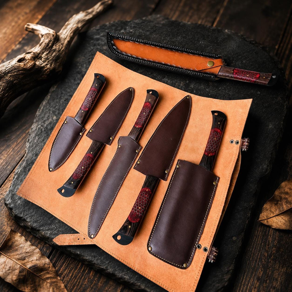 Crimson Honeycomb Resin Kitchen Knife Set with Black Textured Blades & Leather Case
