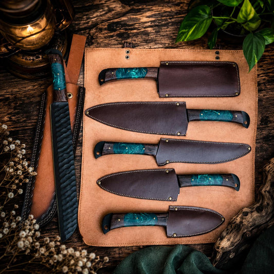 Emerald Resin Kitchen Knife Set with Black Blades & Custom Leather Roll-Up Case