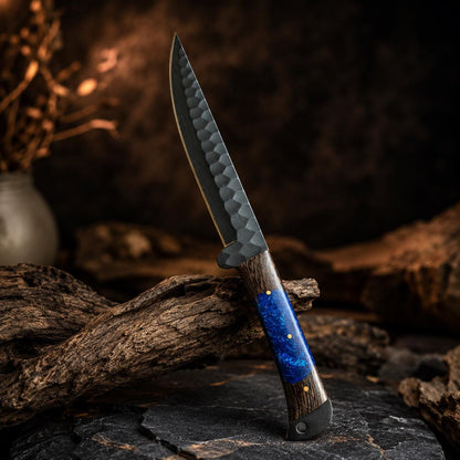 Sapphire Resin Kitchen Knife Set with Black Blades & Custom Leather Roll-Up Case