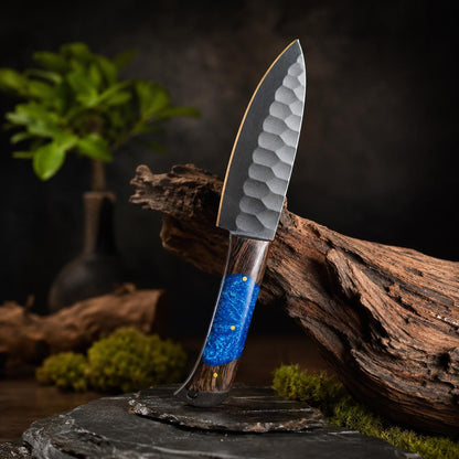 Sapphire Resin Kitchen Knife Set with Black Blades & Custom Leather Roll-Up Case
