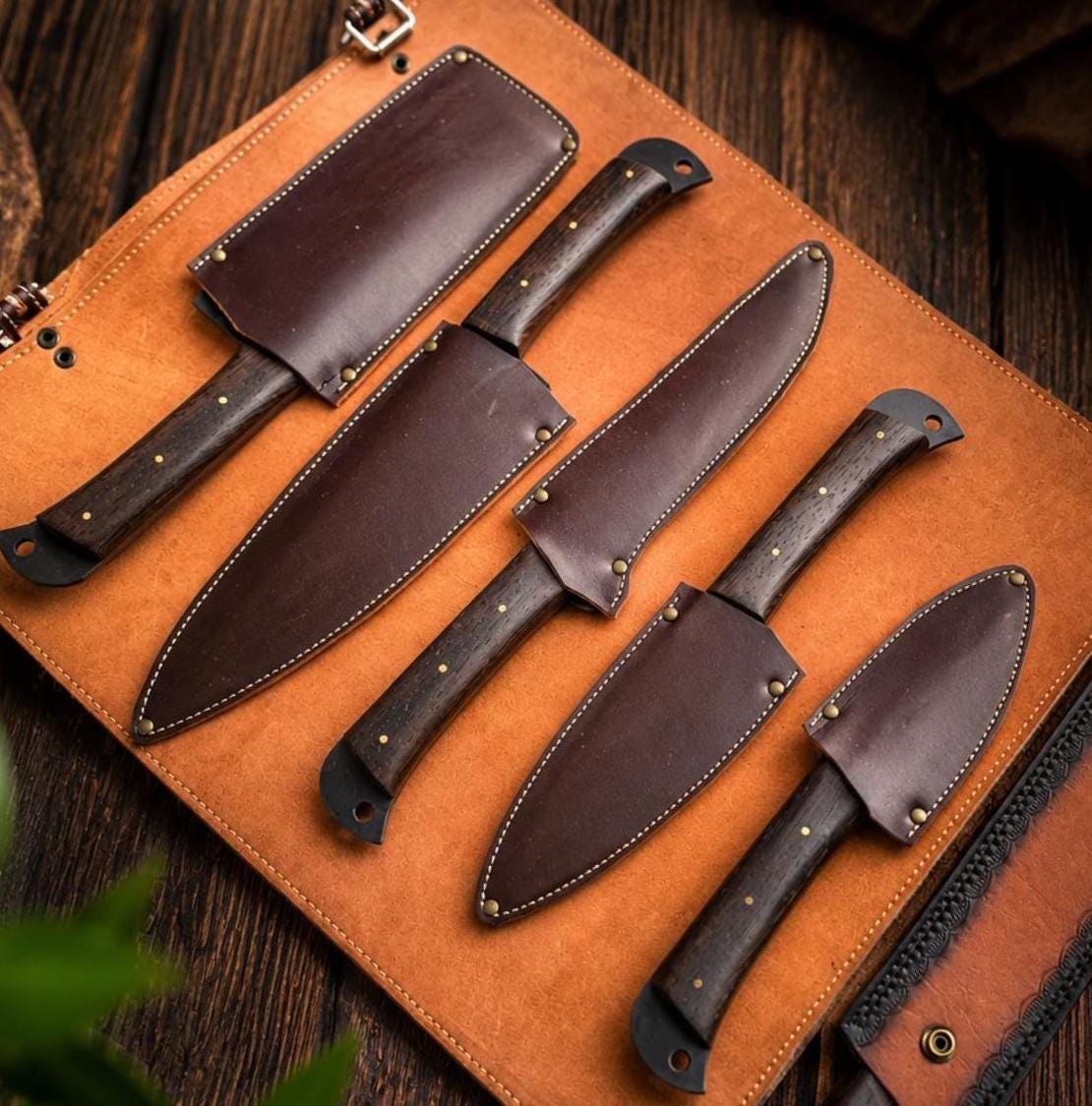 Handmade Black Hammered Steel Chef Set with Wood Handle and Leather Roll