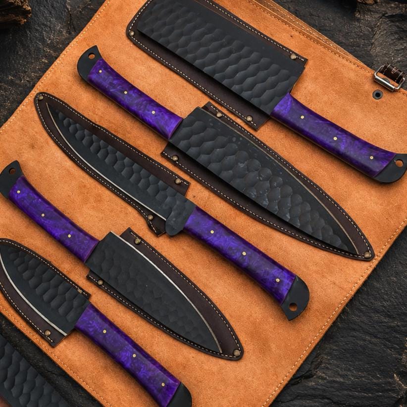 Purple Resin Handle Kitchen Knife Set with Black Blades & Leather Roll