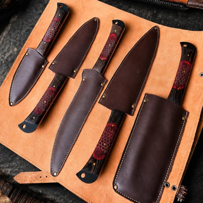 Crimson Honeycomb Resin Kitchen Knife Set with Black Textured Blades & Leather Case