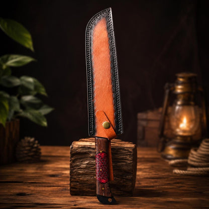 Crimson Honeycomb Resin Kitchen Knife Set with Black Textured Blades & Leather Case