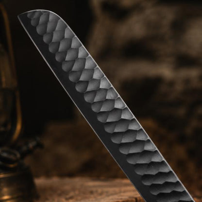Hand Forged Kitchen Cleaver Knife with Textured Black Blade & Custom Leather Sheath