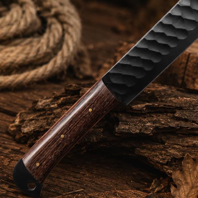 Hand Forged Kitchen Cleaver Knife with Textured Black Blade & Custom Leather Sheath