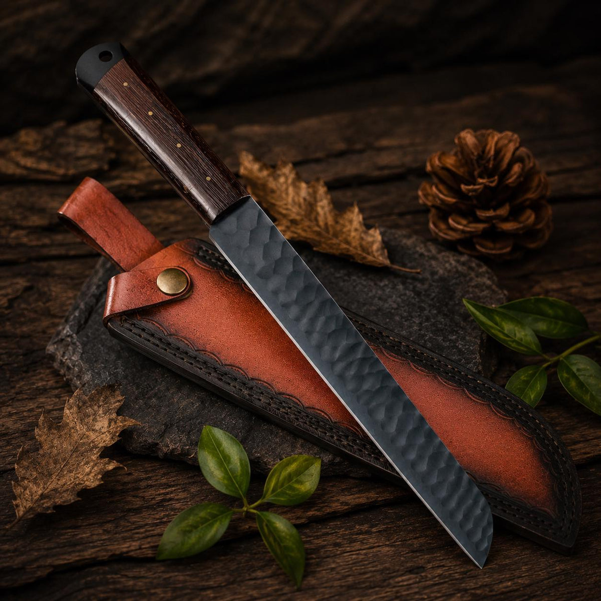 Hand Forged Kitchen Cleaver Knife with Textured Black Blade & Custom Leather Sheath