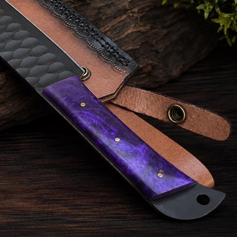 Amethyst Resin Kitchen Cleaver Knife with Black Hammered Blade & Tooled Leather Sheath