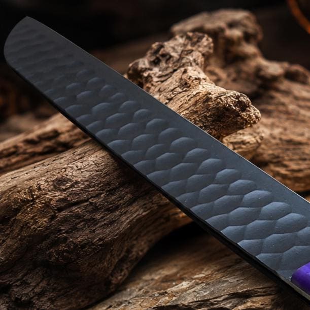 Amethyst Resin Kitchen Cleaver Knife with Black Hammered Blade & Tooled Leather Sheath