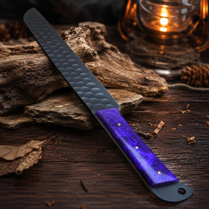 Amethyst Resin Kitchen Cleaver Knife with Black Hammered Blade & Tooled Leather Sheath