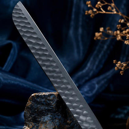 Handmade Forged Carbon Steel Utility Tool | Textured Black Finish, Blue Resin Inlay & Leather Sheath