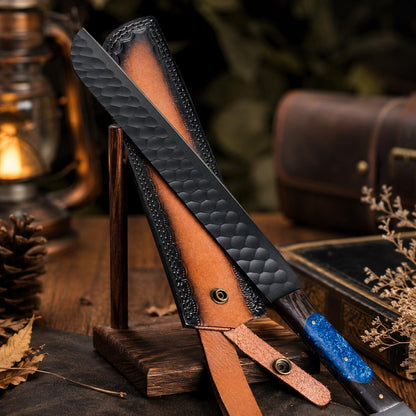 Handmade Forged Carbon Steel Utility Tool | Textured Black Finish, Blue Resin Inlay & Leather Sheath