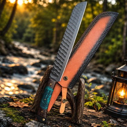 Handmade Hammered Steel Utility Tool, Turquoise Resin Wood Handle & Leather Sheath