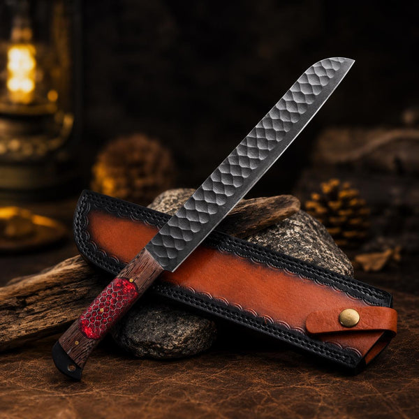 Hand Crafted Hammered Carbon Steel Utility Blade, Ruby Honeycomb Resin & Wood Handle, Collector Piece