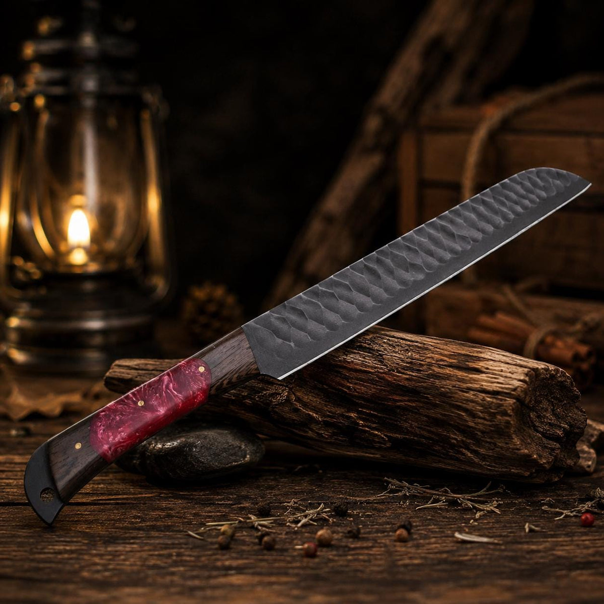 Artisan Hammered Carbon Steel Utility Blade, Ruby Swirl Resin & Wood Handle, Leather Sheath