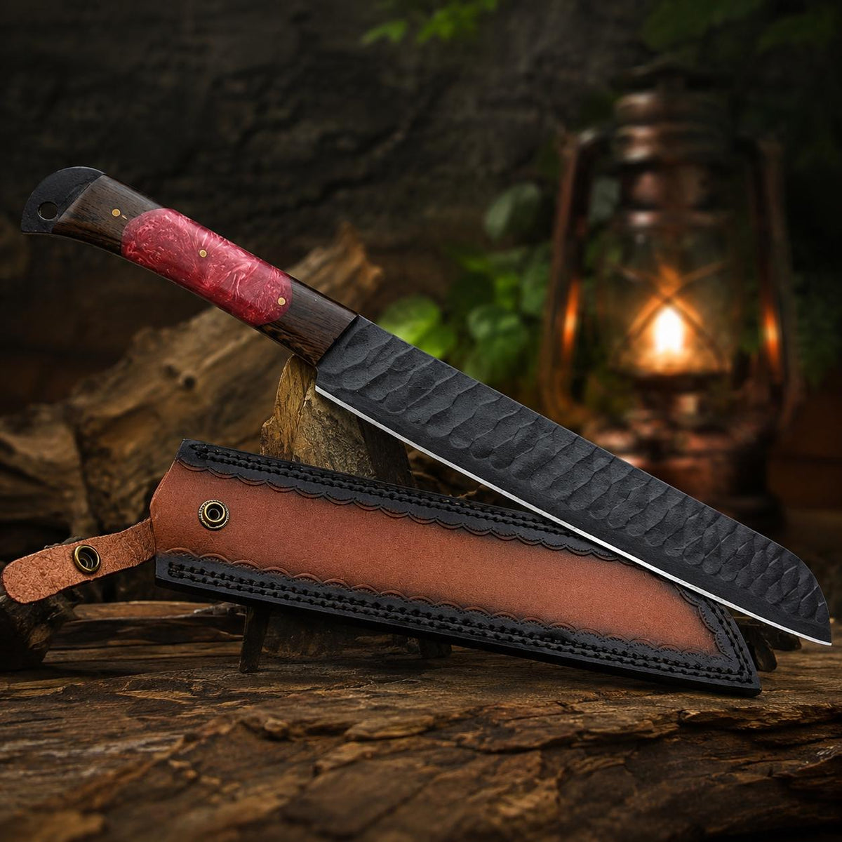 Artisan Hammered Carbon Steel Utility Blade, Ruby Swirl Resin & Wood Handle, Leather Sheath