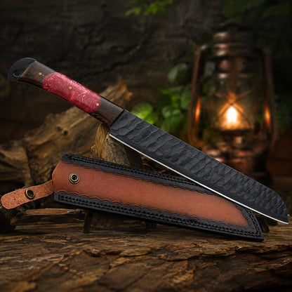 Artisan Hammered Carbon Steel Utility Blade, Ruby Swirl Resin & Wood Handle, Leather Sheath