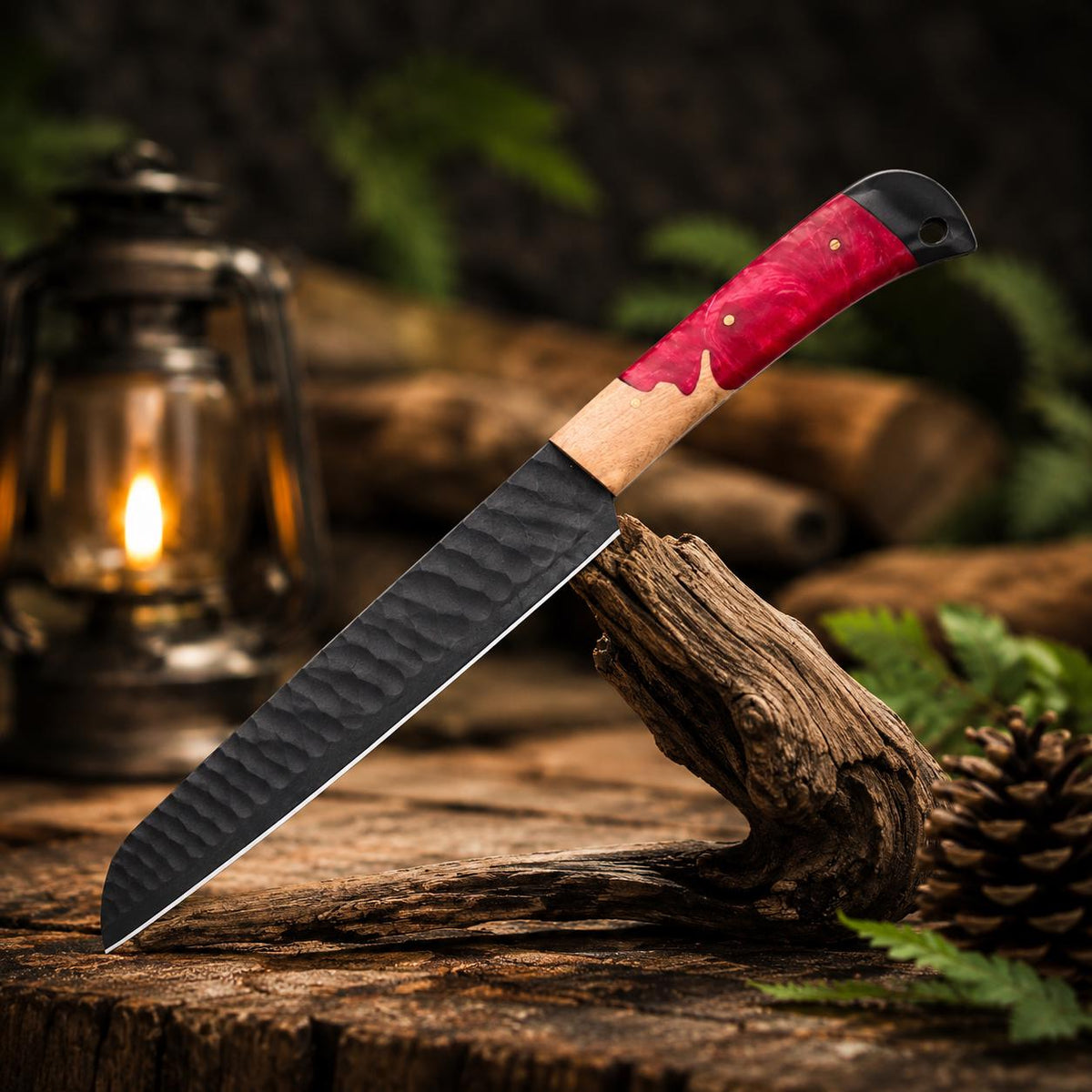 Hand Forged Carbon Steel Utility Blade, Ruby Swirl Resin & Wood Grip, Stamped Leather Scabbard