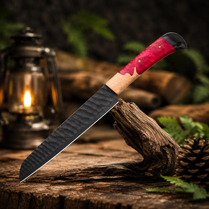 Hand Forged Carbon Steel Utility Blade, Ruby Swirl Resin & Wood Grip, Stamped Leather Scabbard