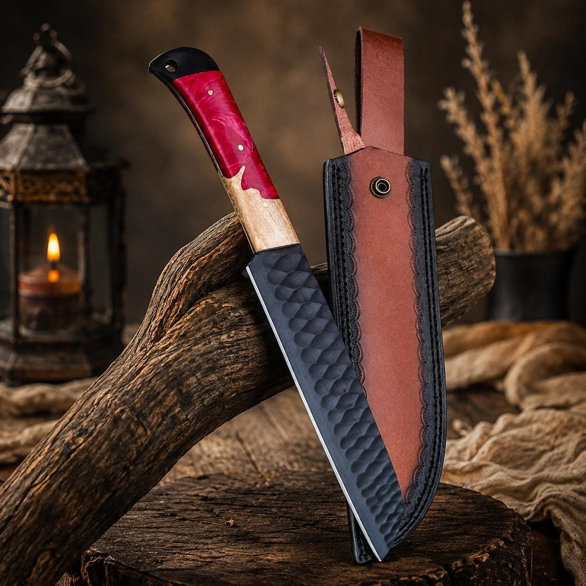 Hand Forged Carbon Steel Utility Blade, Ruby Swirl Resin & Wood Grip, Stamped Leather Scabbard
