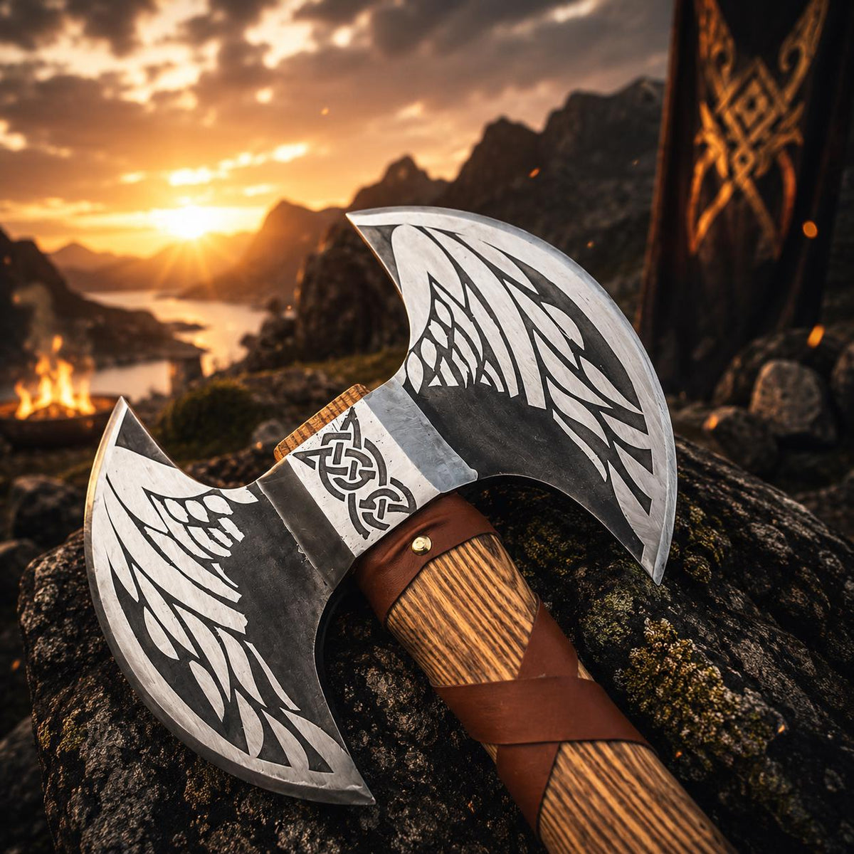 Engraved Norse Double-Headed Axe | Cross-Strapped Ash Wood Haft with Leather Sheaths