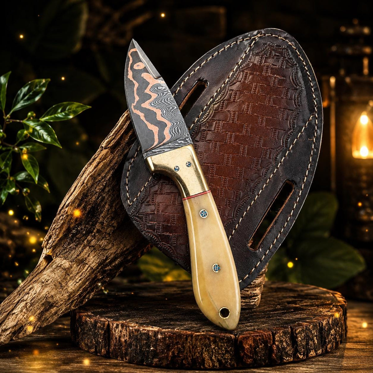 Cu-Mai Damascus Skinner Tool, Polished Bone & Brass Handle with Cross-Draw Leather Sheath