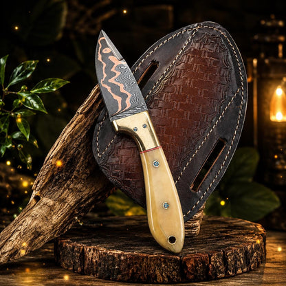 Cu-Mai Damascus Skinner Tool, Polished Bone & Brass Handle with Cross-Draw Leather Sheath