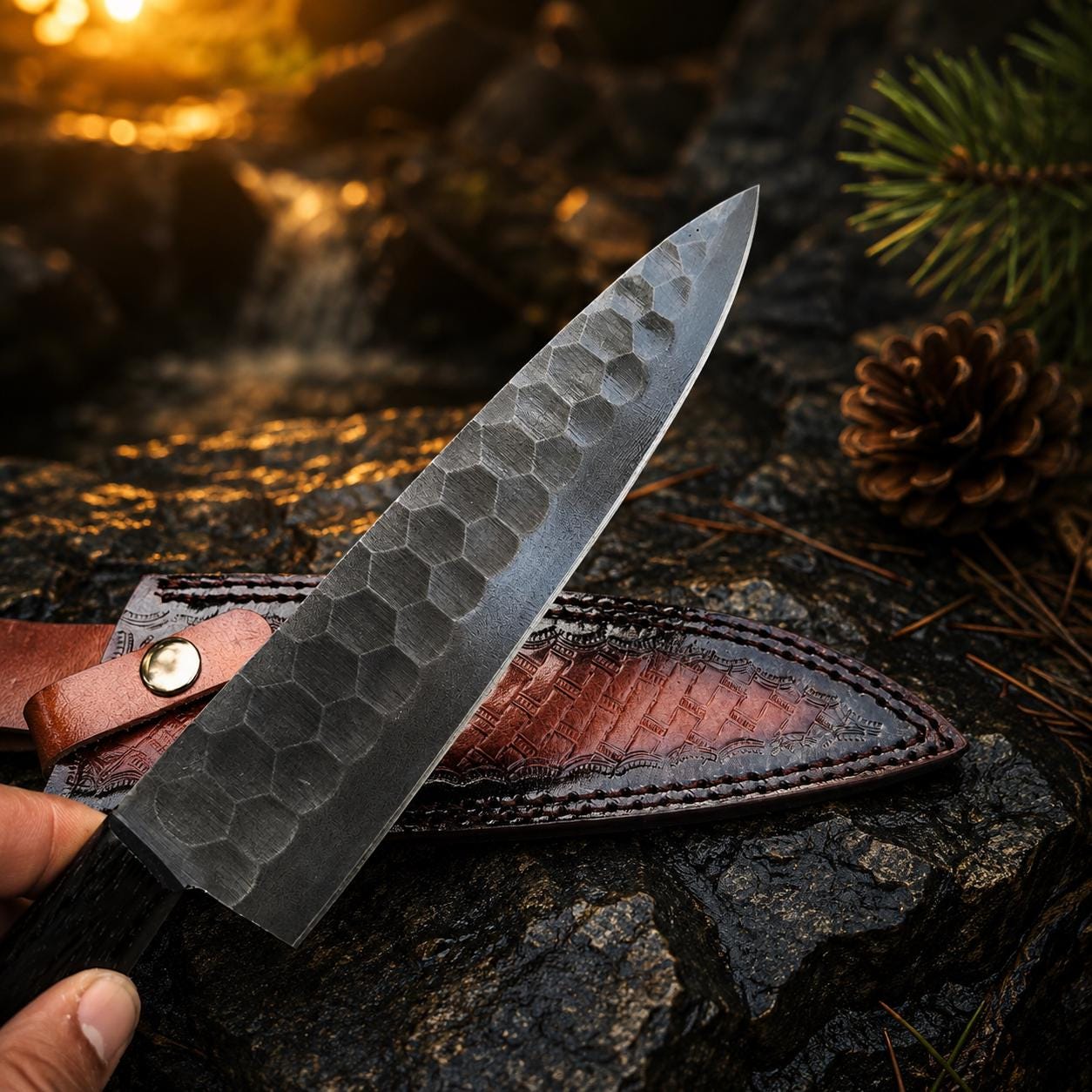 Hammer-Textured Carbon Steel Chef Utility Tool | Rosewood & Ebony Grip | Stamped Leather Sheath