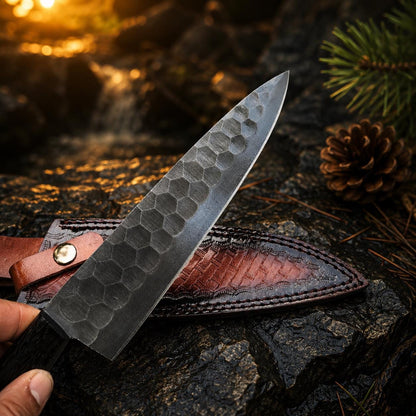 Hammer-Textured Carbon Steel Chef Utility Tool | Rosewood & Ebony Grip | Stamped Leather Sheath