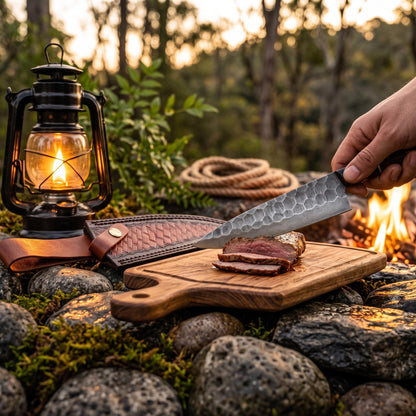 Hammer-Textured Carbon Steel Chef Utility Tool | Rosewood & Ebony Grip | Stamped Leather Sheath