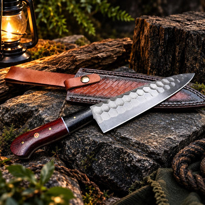 Hammer-Textured Carbon Steel Chef Utility Tool | Rosewood & Ebony Grip | Stamped Leather Sheath