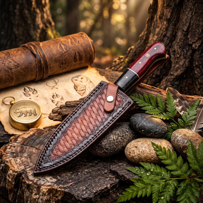 Hammer-Textured Carbon Steel Chef Utility Tool | Rosewood & Ebony Grip | Stamped Leather Sheath