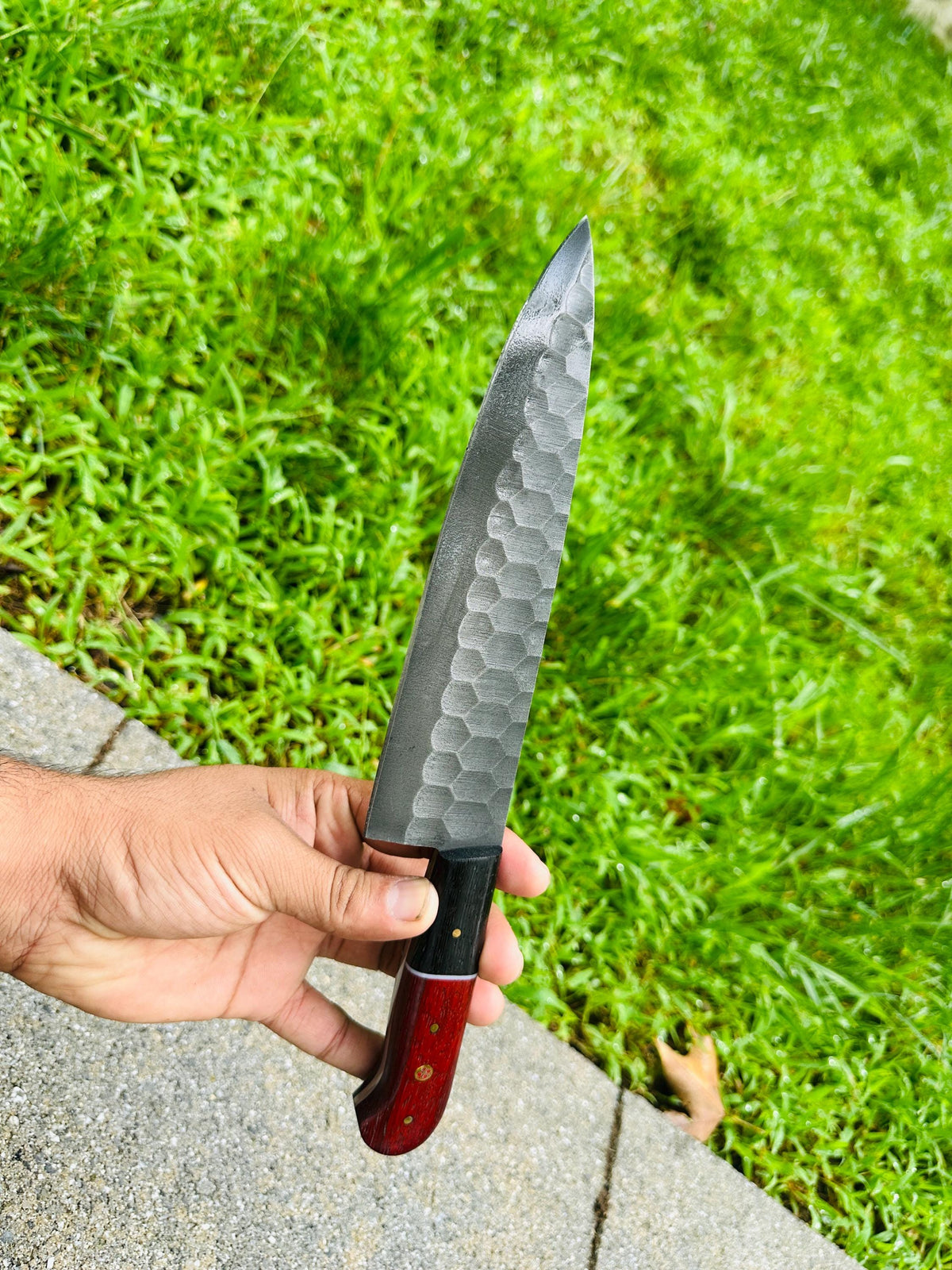 Hammer-Textured Carbon Steel Chef Utility Tool | Rosewood & Ebony Grip | Stamped Leather Sheath