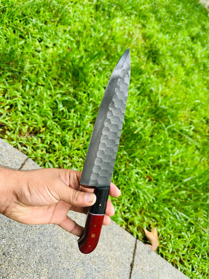 Hammer-Textured Carbon Steel Chef Utility Tool | Rosewood & Ebony Grip | Stamped Leather Sheath