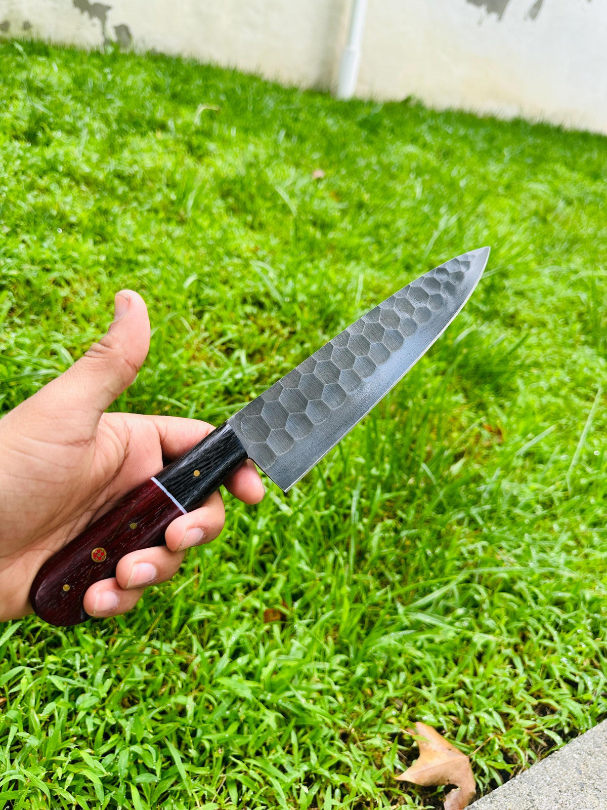 Hammer-Textured Carbon Steel Chef Utility Tool | Rosewood & Ebony Grip | Stamped Leather Sheath