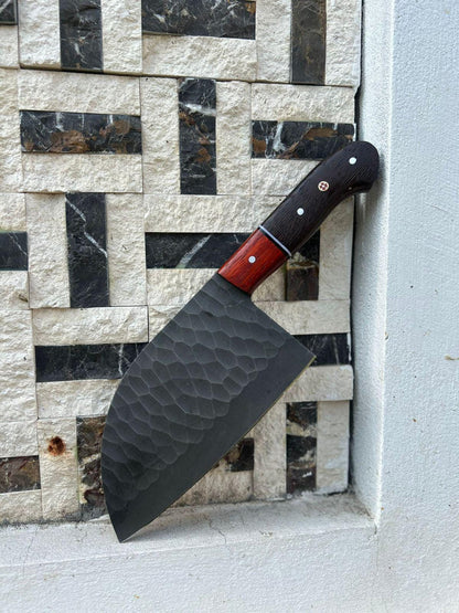 Forged Kurouchi Carbon Steel Serbian Chef Tool | Padauk and Wenge Wood Handle | Meat Slicer