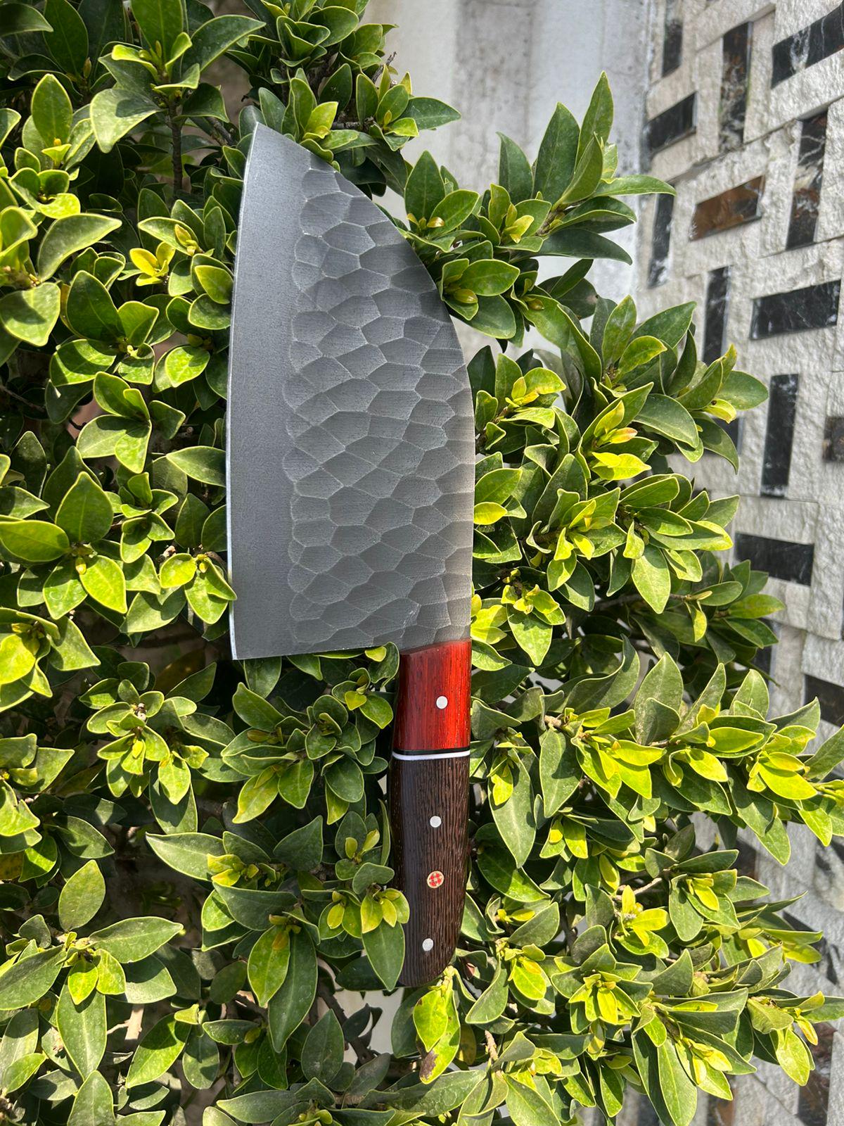 Forged Kurouchi Carbon Steel Serbian Chef Tool | Padauk and Wenge Wood Handle | Meat Slicer