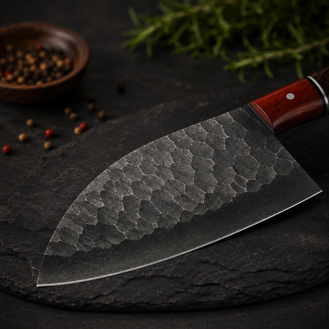 Forged Kurouchi Carbon Steel Serbian Chef Tool | Padauk and Wenge Wood Handle | Meat Slicer