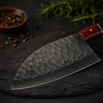 Forged Kurouchi Carbon Steel Serbian Chef Tool | Padauk and Wenge Wood Handle | Meat Slicer