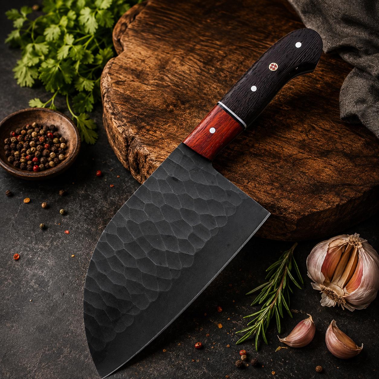 Forged Kurouchi Carbon Steel Serbian Chef Tool | Padauk and Wenge Wood Handle | Meat Slicer