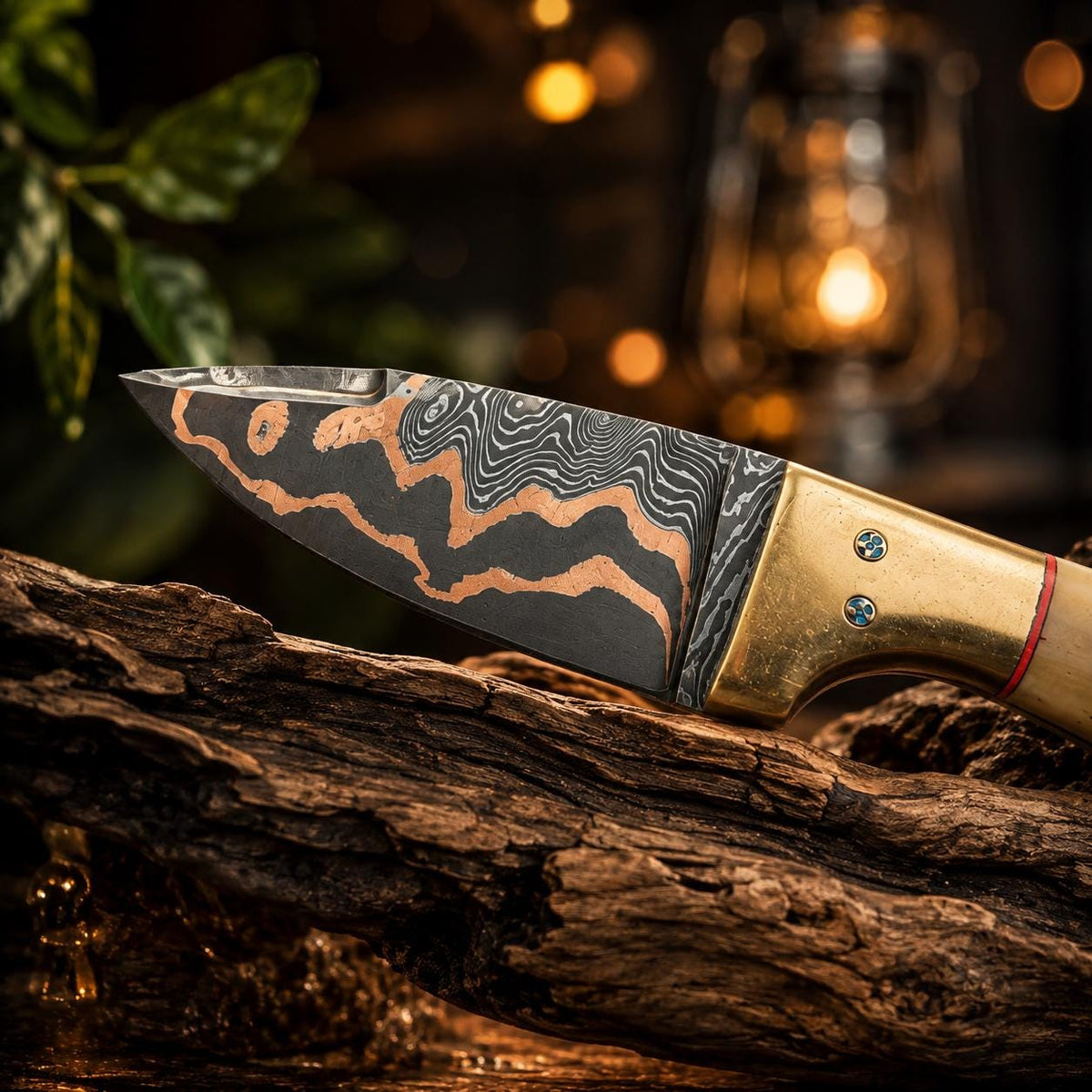 Cu-Mai Damascus Skinner Tool, Polished Bone & Brass Handle with Cross-Draw Leather Sheath