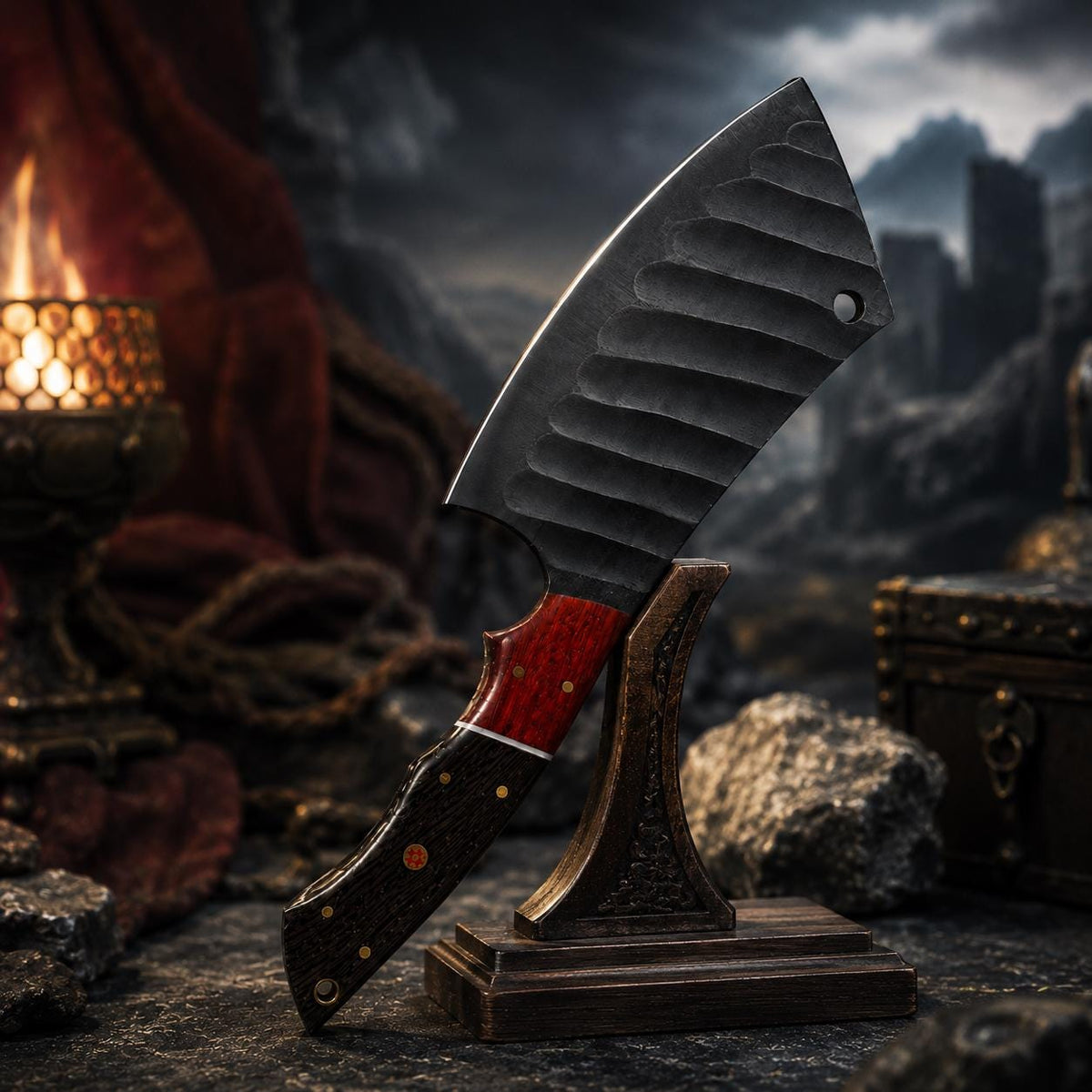 Forge-Crafted Fluted Carbon Steel Cleaver | Padauk & Wenge Wood Handle | Stamped Leather Sheath