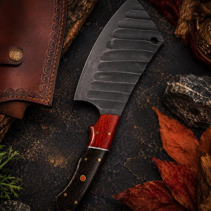 Forge-Crafted Fluted Carbon Steel Cleaver | Padauk & Wenge Wood Handle | Stamped Leather Sheath