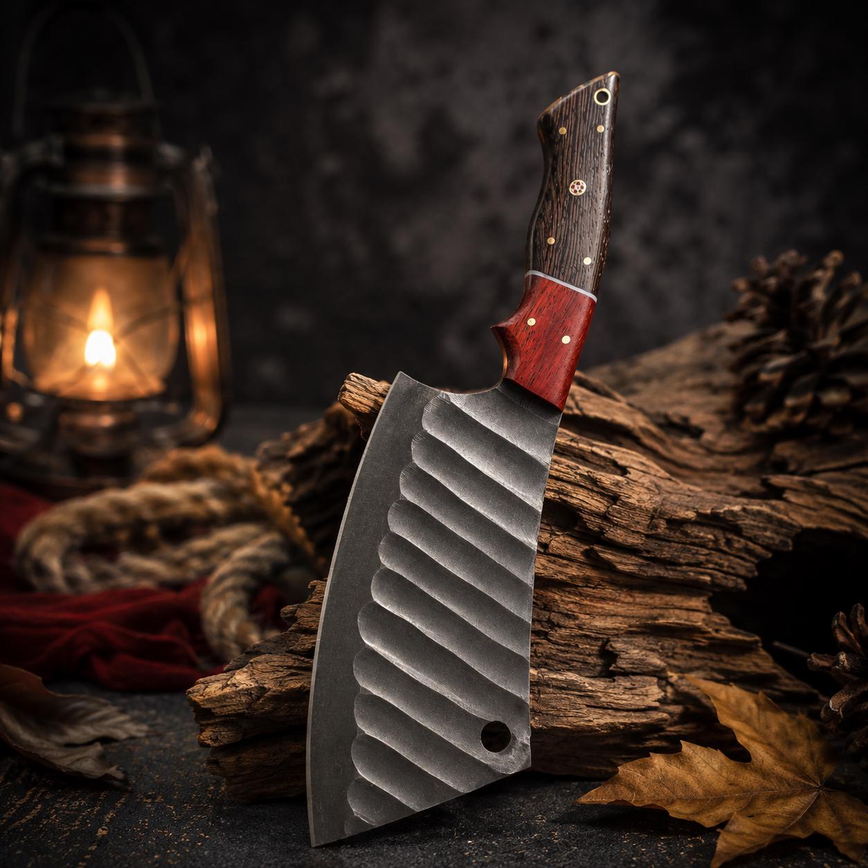 Forge-Crafted Fluted Carbon Steel Cleaver | Padauk & Wenge Wood Handle | Stamped Leather Sheath