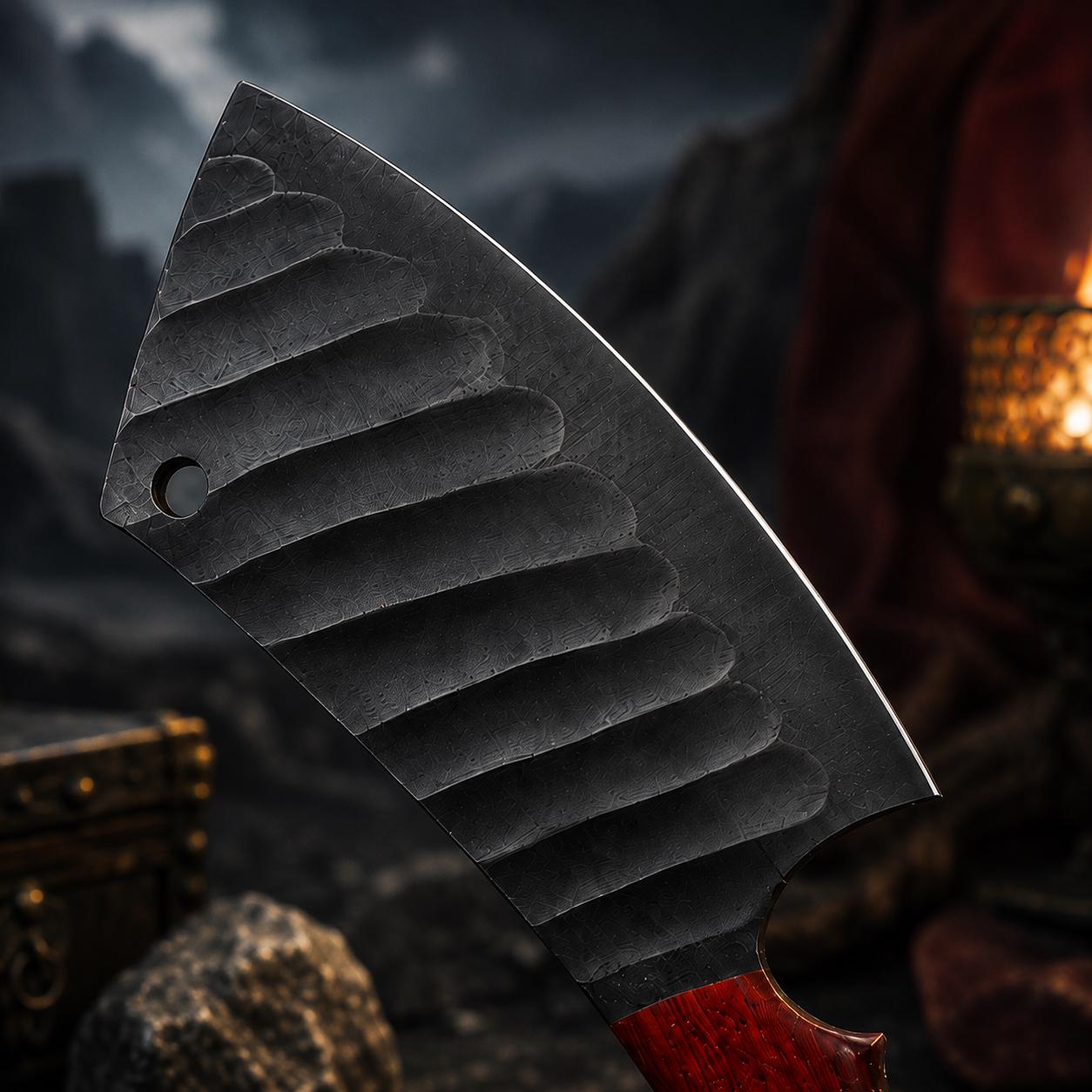 Forge-Crafted Fluted Carbon Steel Cleaver | Padauk & Wenge Wood Handle | Stamped Leather Sheath