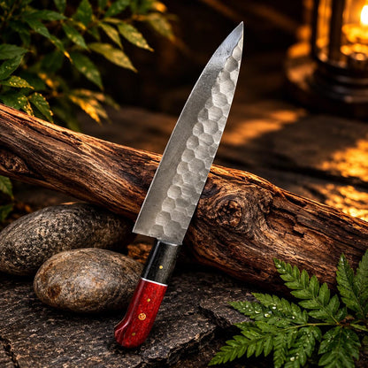 Hammer-Textured Carbon Steel Chef Utility Tool | Rosewood & Ebony Grip | Stamped Leather Sheath