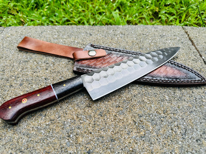 Hammer-Textured Carbon Steel Chef Utility Tool | Rosewood & Ebony Grip | Stamped Leather Sheath