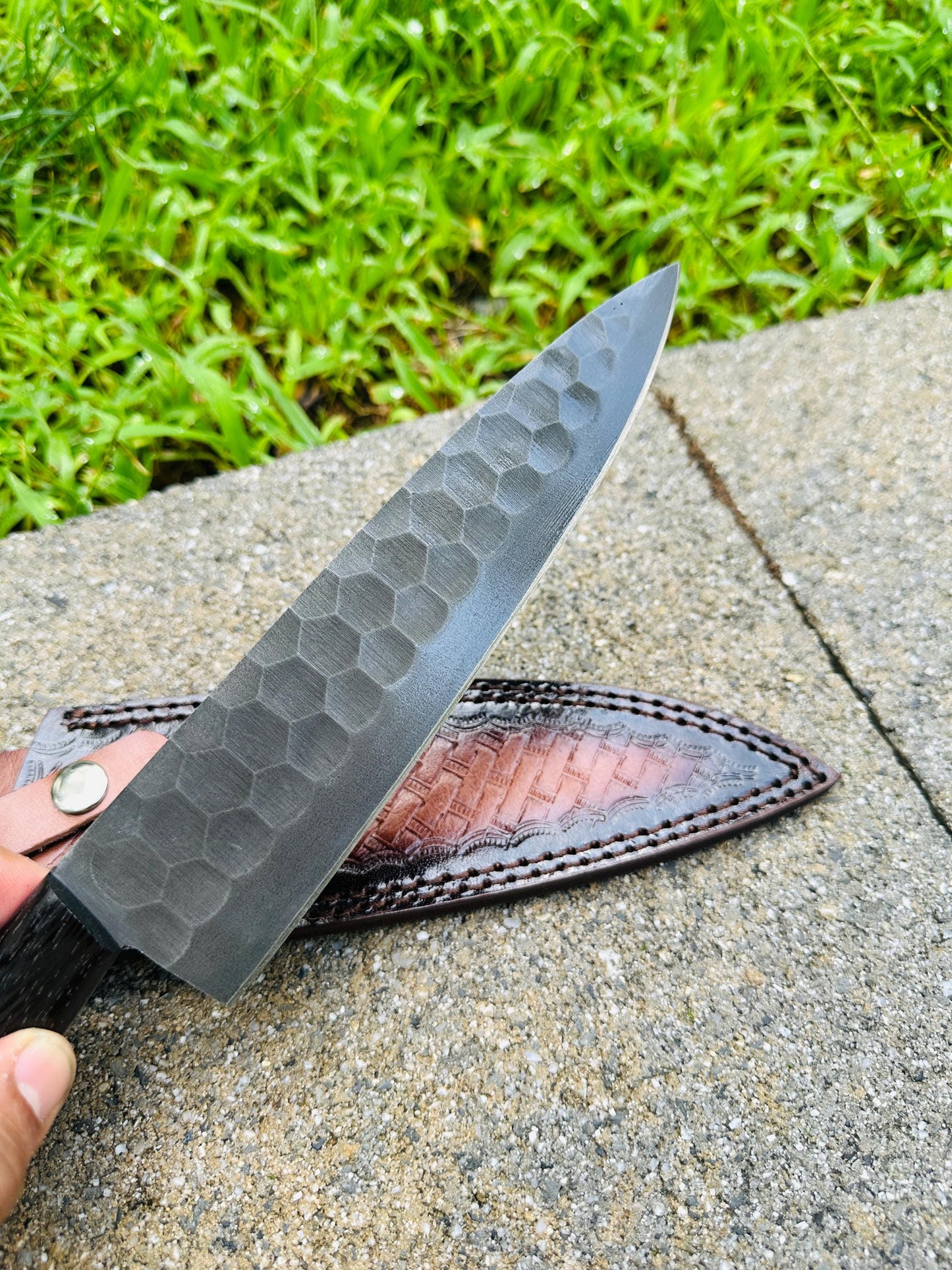 Hammer-Textured Carbon Steel Chef Utility Tool | Rosewood & Ebony Grip | Stamped Leather Sheath